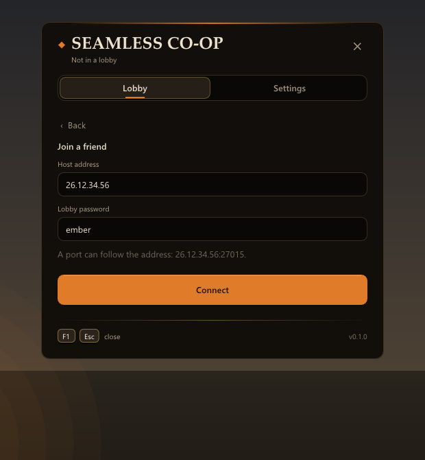 Joining a friend: the host's address and the lobby password