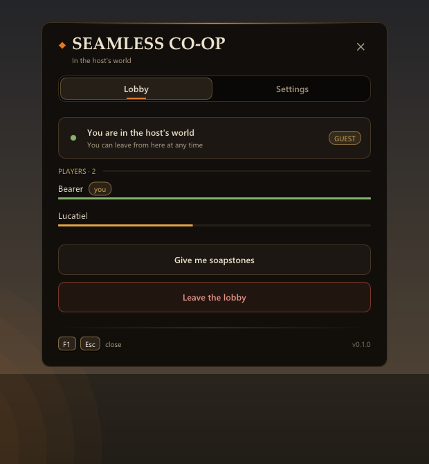 The co-op menu in the game: you are in the host's world, two players in the lobby